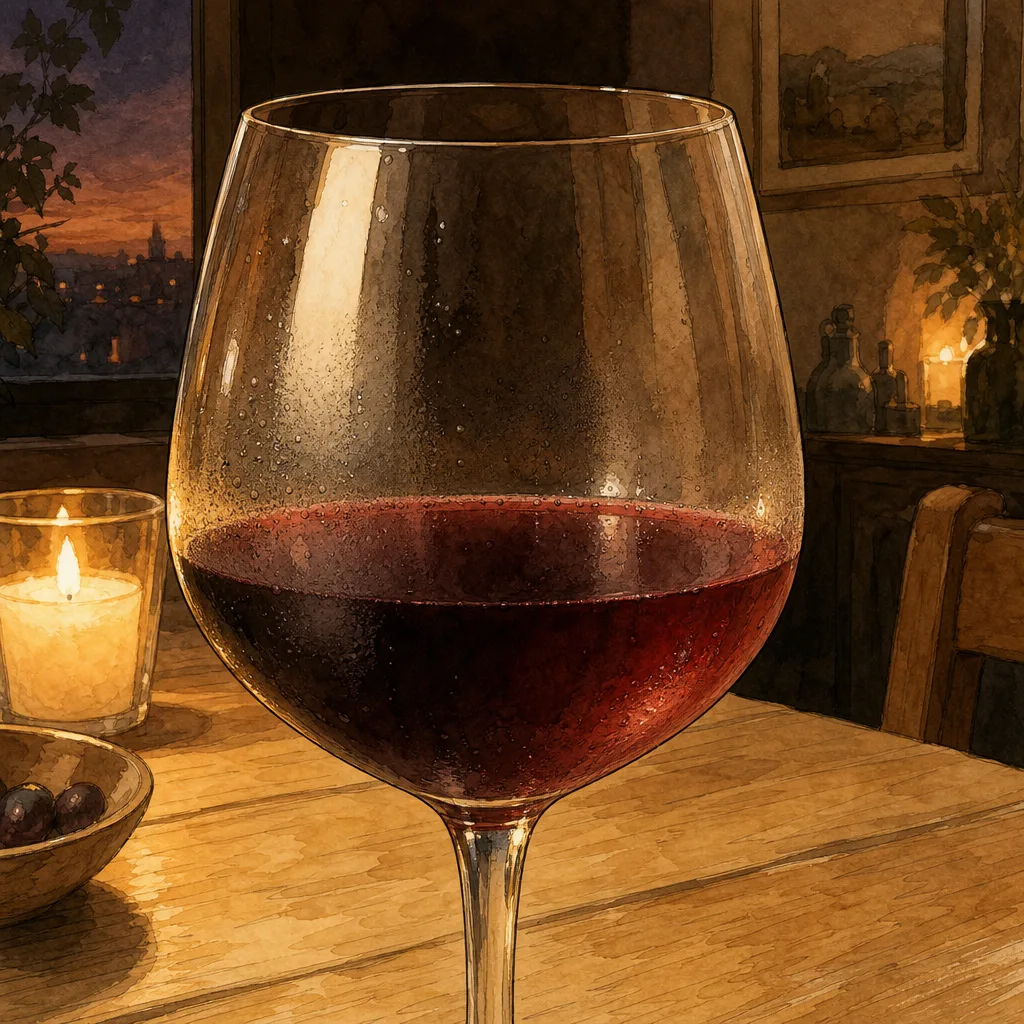 gros plan d'un verre de vin rouge légèrement embué de fraîcheur posé sur une table en bois clair
