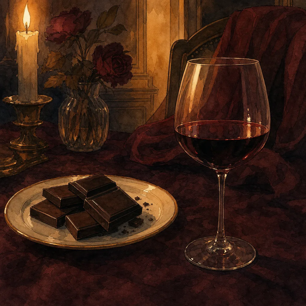 carrés de chocolat noir intense à côté d'un verre de vin rouge sur une nappe sombre