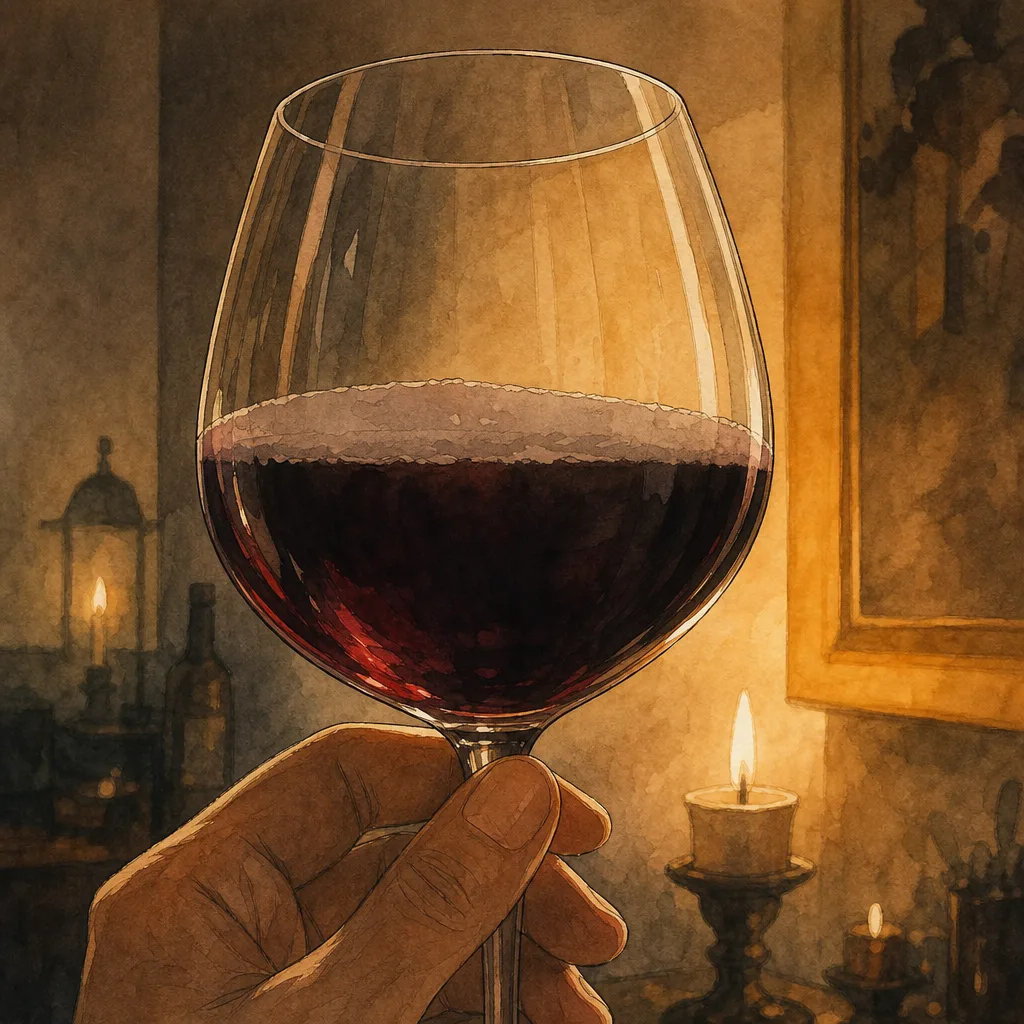 gros plan sur un verre de vin rouge tenu à contre-jour, fine pellicule grisâtre à la surface du liquide