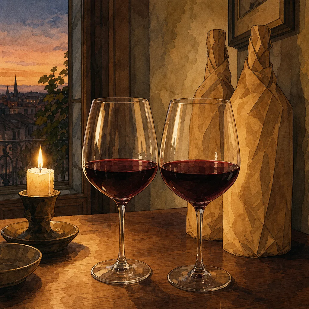deux verres de vin rouge côte à côte sur une table en bois, bouteilles masquées par du papier kraft à l'arrière-plan