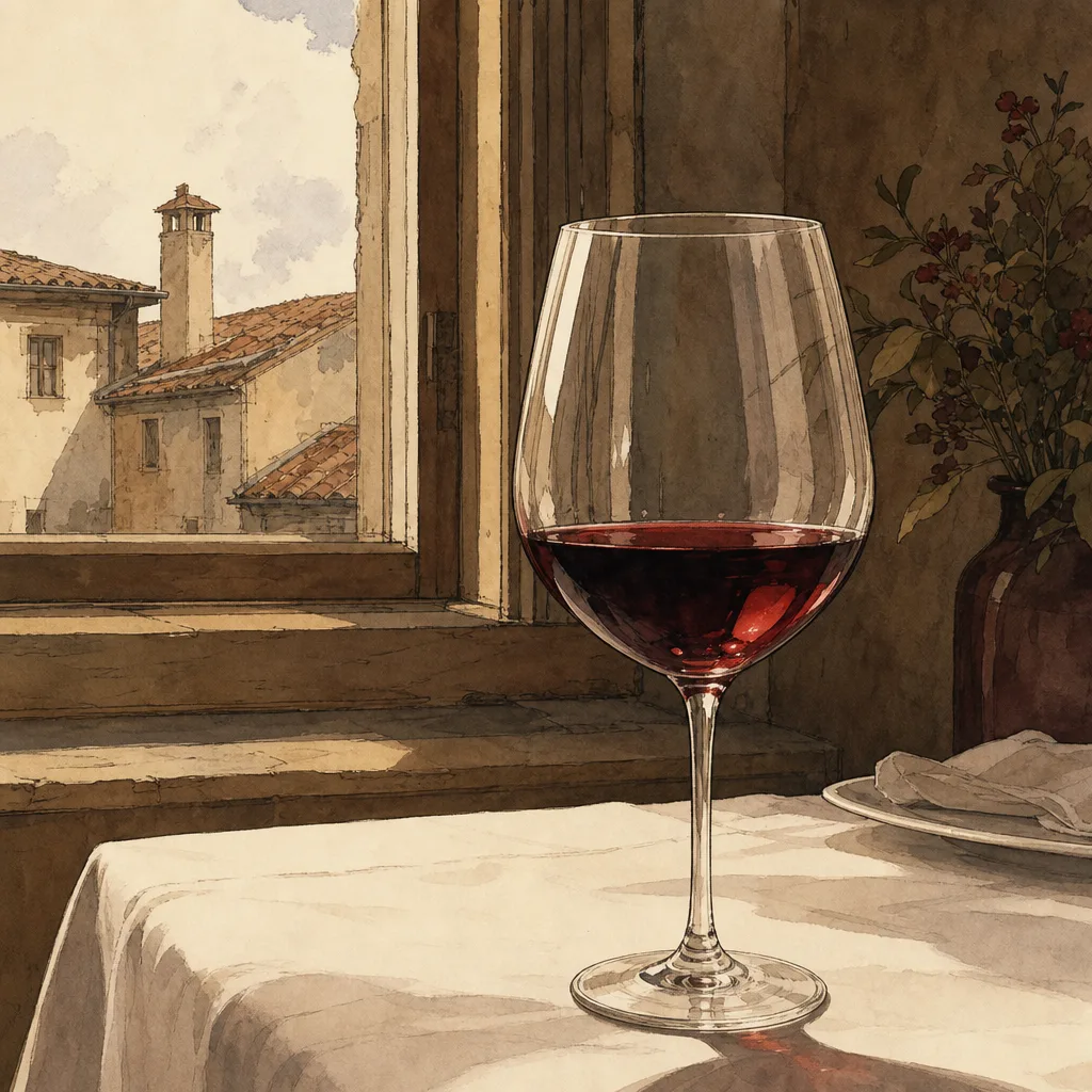 un verre INAO rempli au tiers de vin rouge, posé sur une nappe blanche près d'une fenêtre, lumière du jour