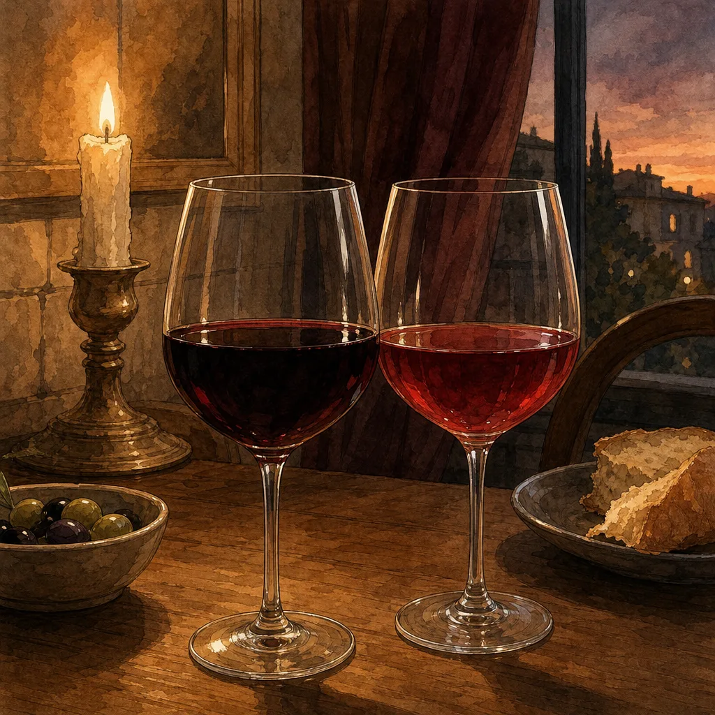 deux verres de vin rouge côte à côte sur une table en bois, l'un plus foncé et dense, l'autre plus clair et lumineux, lumière naturelle