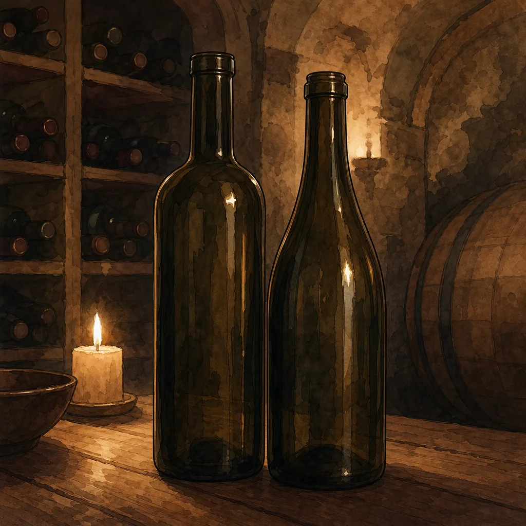 deux bouteilles de vin vides côte à côte sur une table en bois, l'une à épaules hautes et droites, l'autre à épaules tombantes, lumière douce de cave