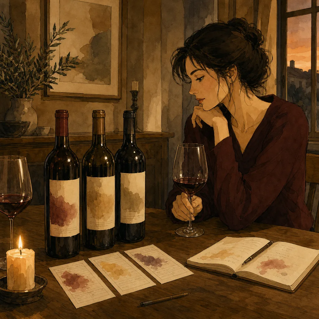 trois bouteilles de vin alignées sur une table en bois avec des fiches de dégustation et un carnet de notes ouvert