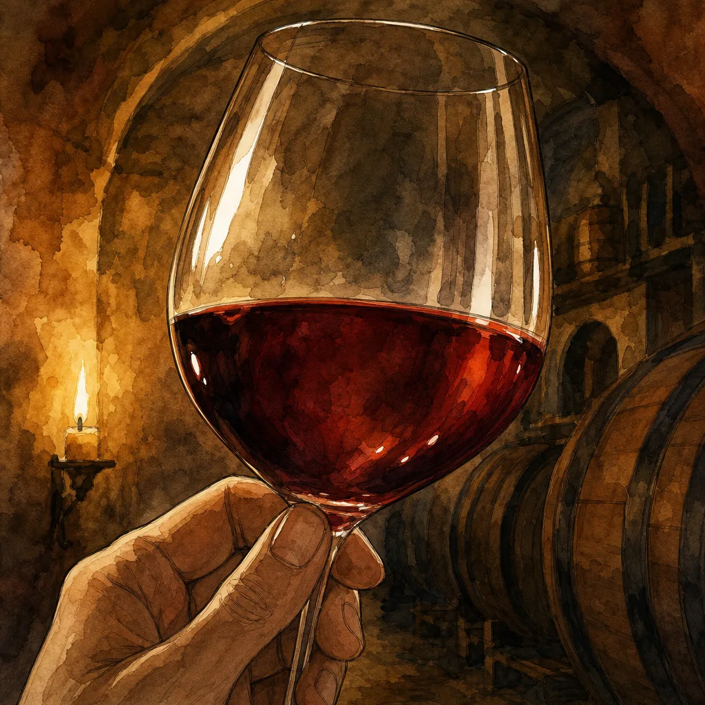 gros plan sur un verre de vin rouge tenu à contre-jour, robe grenat évoluée, ambiance de chai sombre