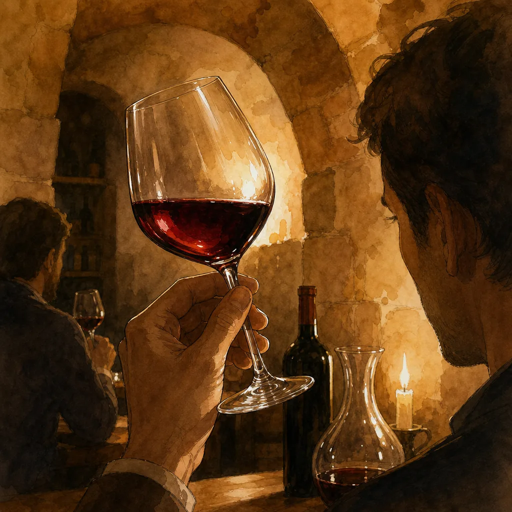 verre de vin rouge profond tenu à contre-jour, reflets grenat, ambiance de dégustation sobre