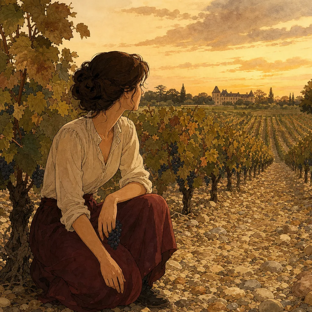 rang de vieilles vignes sur un sol de graves clair dans le Médoc, lumière de fin d'après-midi