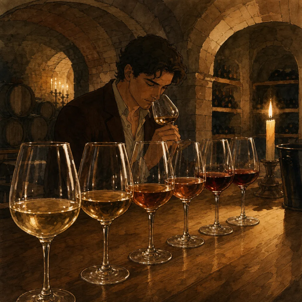 verres de dégustation alignés sur une table en bois dans une cave voûtée en pierre, ambiance feutrée