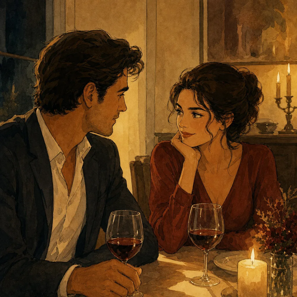 un couple assis à table, deux verres de vin rouge devant eux, lumière chaude d'un dîner du soir