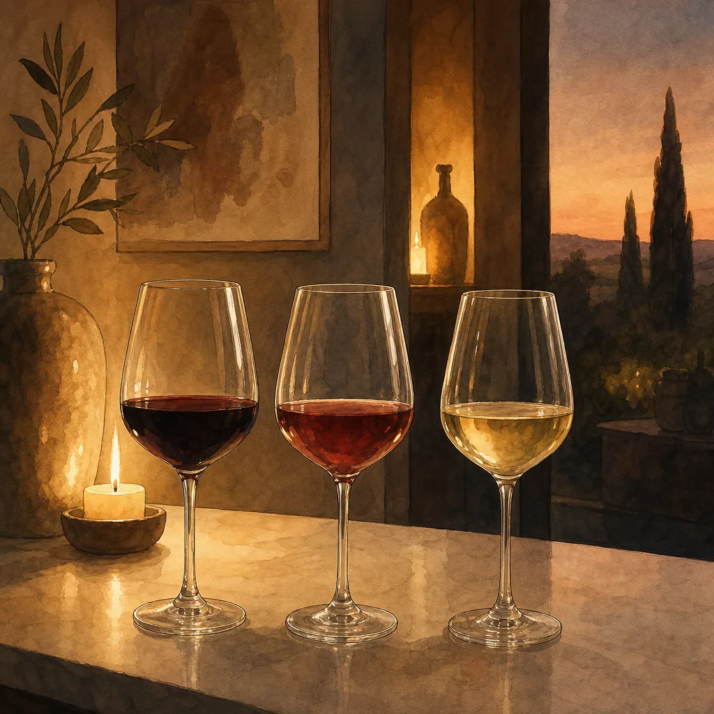 trois verres de dégustation alignés avec différents vins rouges et blancs, ambiance lumineuse et épurée