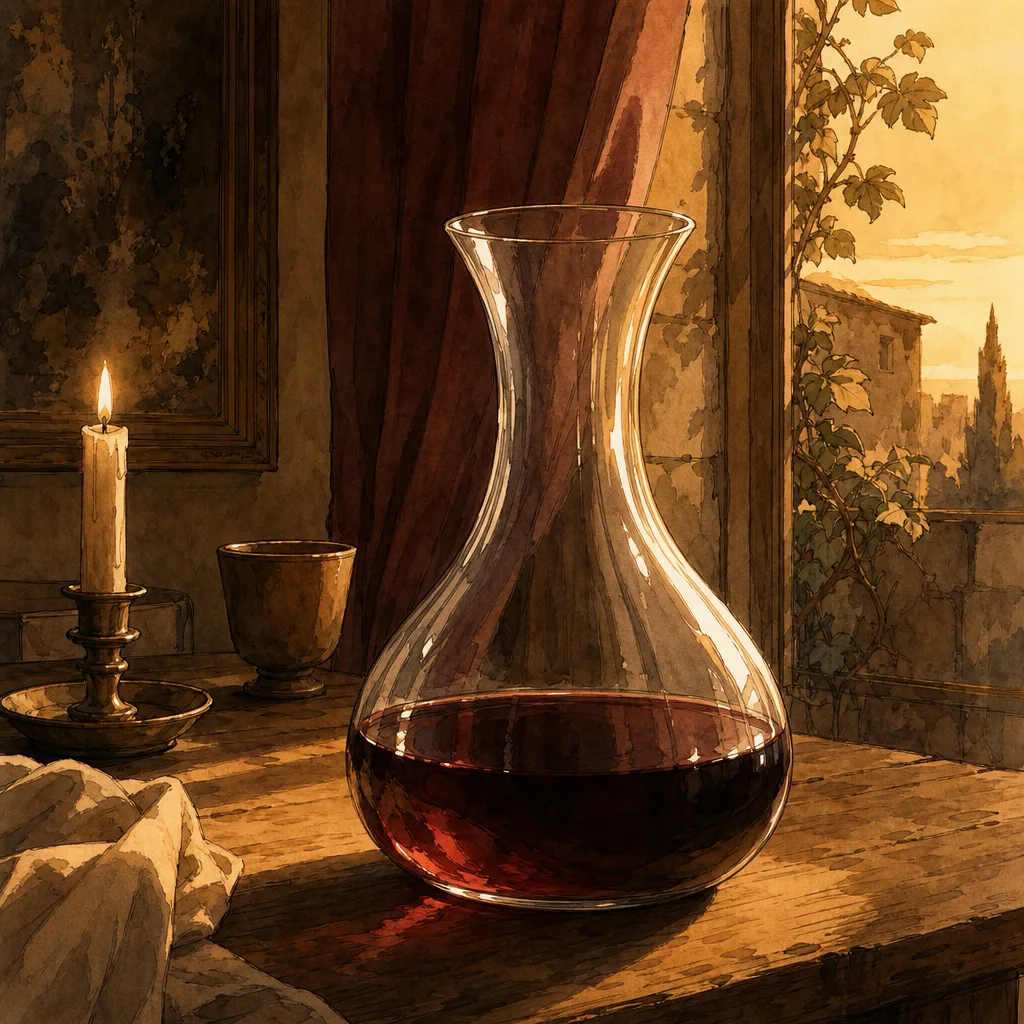 une carafe en verre transparent posée sur une table en bois, un vin rouge versé dedans, lumière chaude de fin d'après-midi
