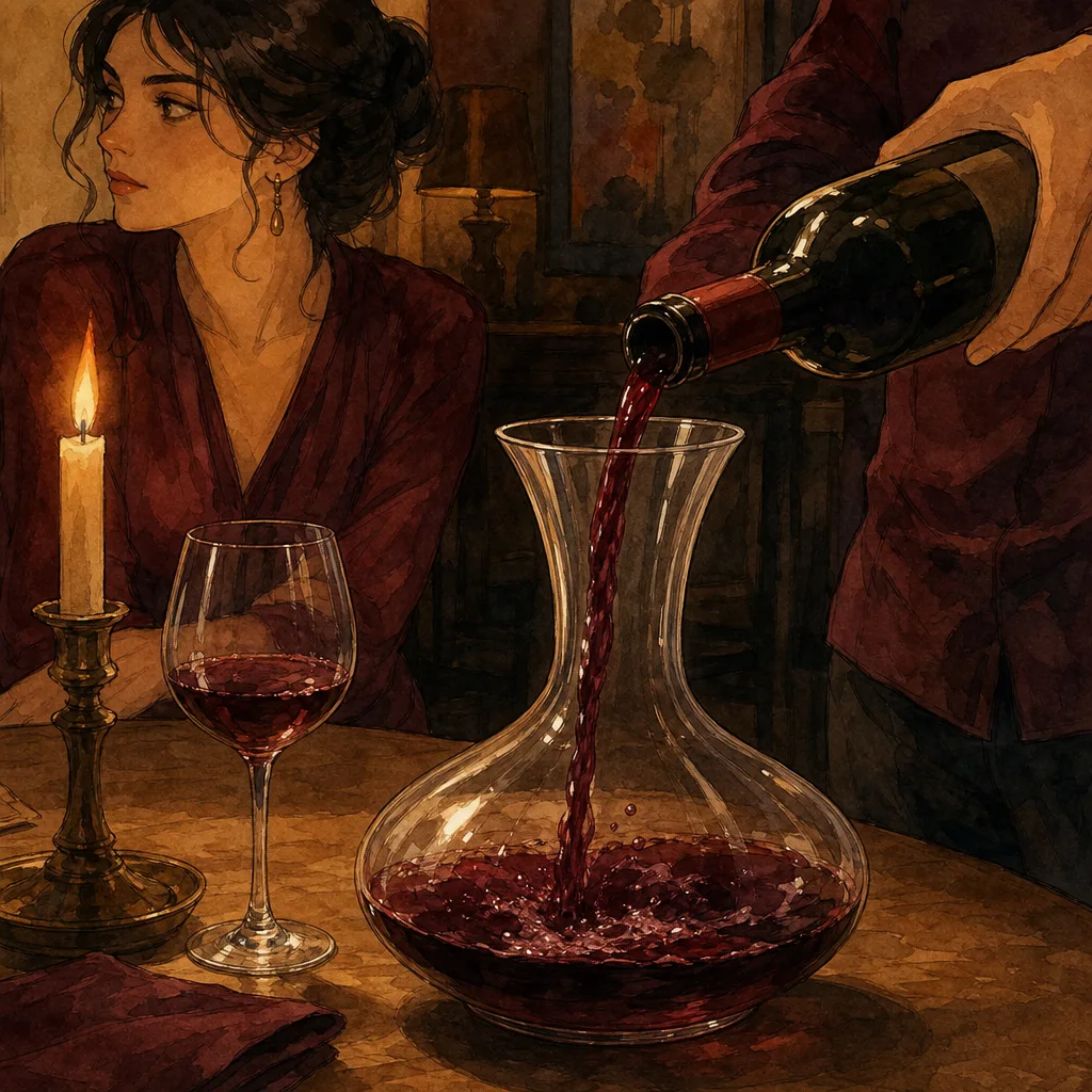 une carafe d'aération à base large et col évasé posée sur une table, un vin rouge jeune en train d'être versé depuis la bouteille