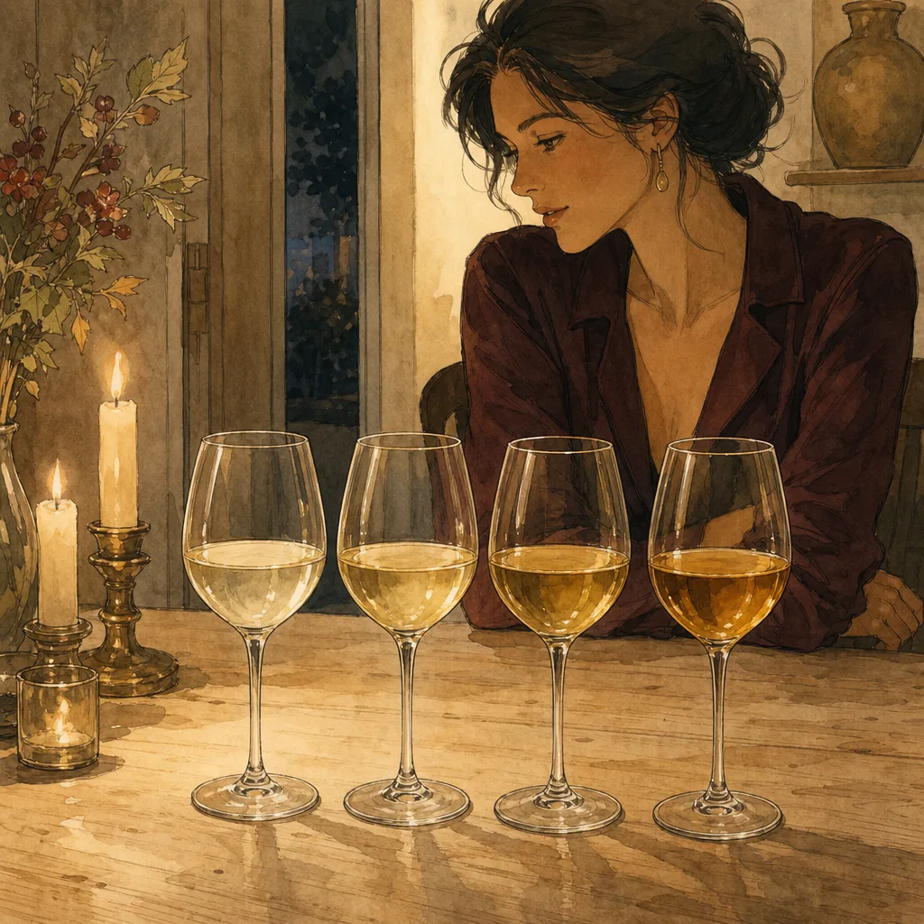 quatre verres de vin blanc alignés sur une table en bois clair, teintes allant du jaune pâle au doré