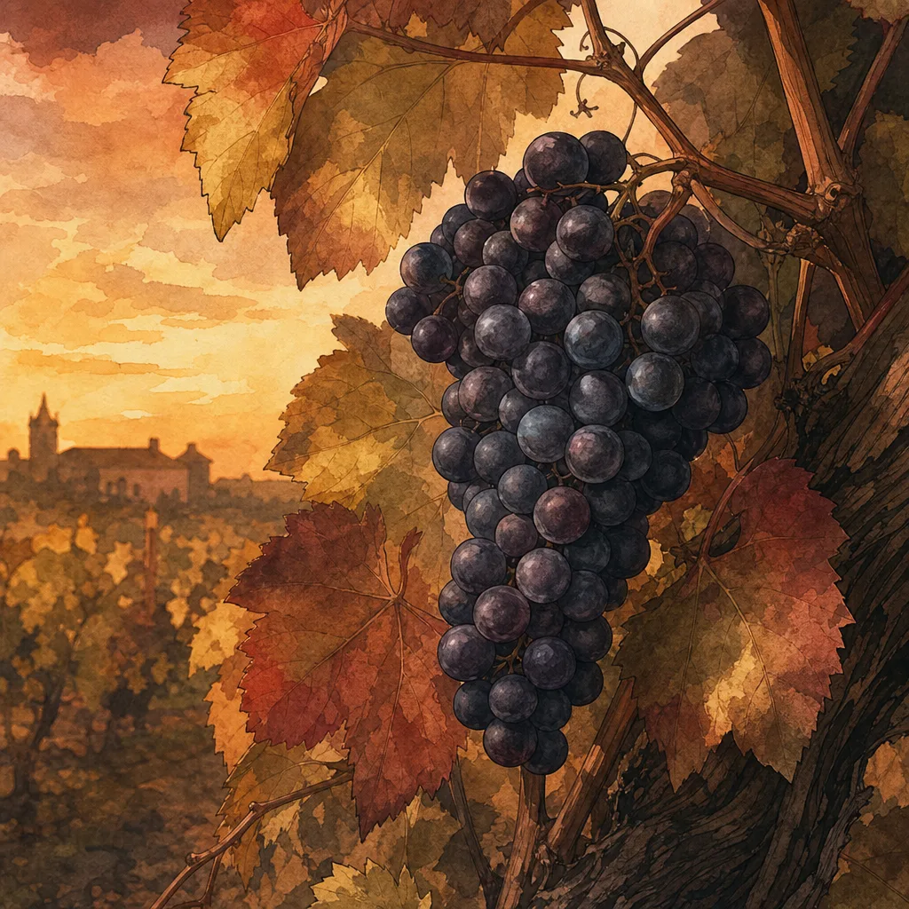 gros plan sur une grappe de raisin noir à petites baies sur un pied de vigne, lumière de fin d'après-midi