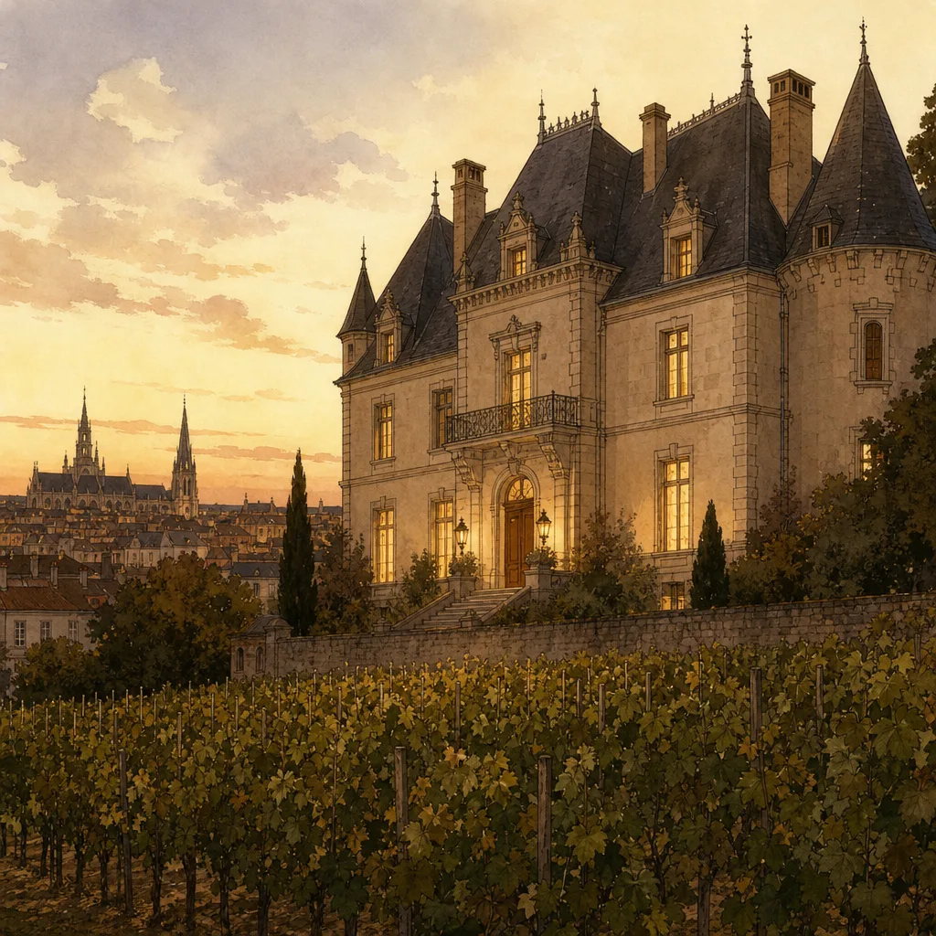 façade du château bordé de vignes serrées, en bordure urbaine, ciel clair de fin d'après-midi