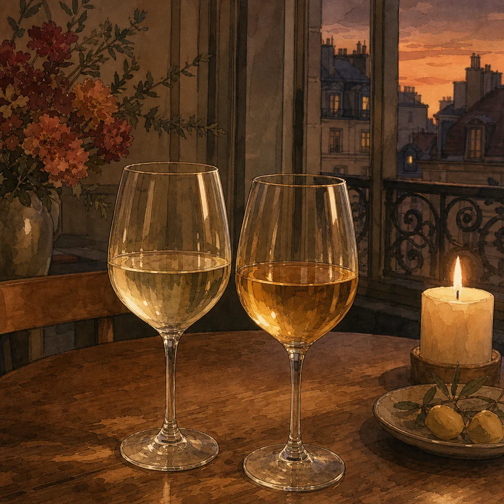 deux verres de vin blanc côte à côte sur une table en bois, l'un pâle, l'autre doré