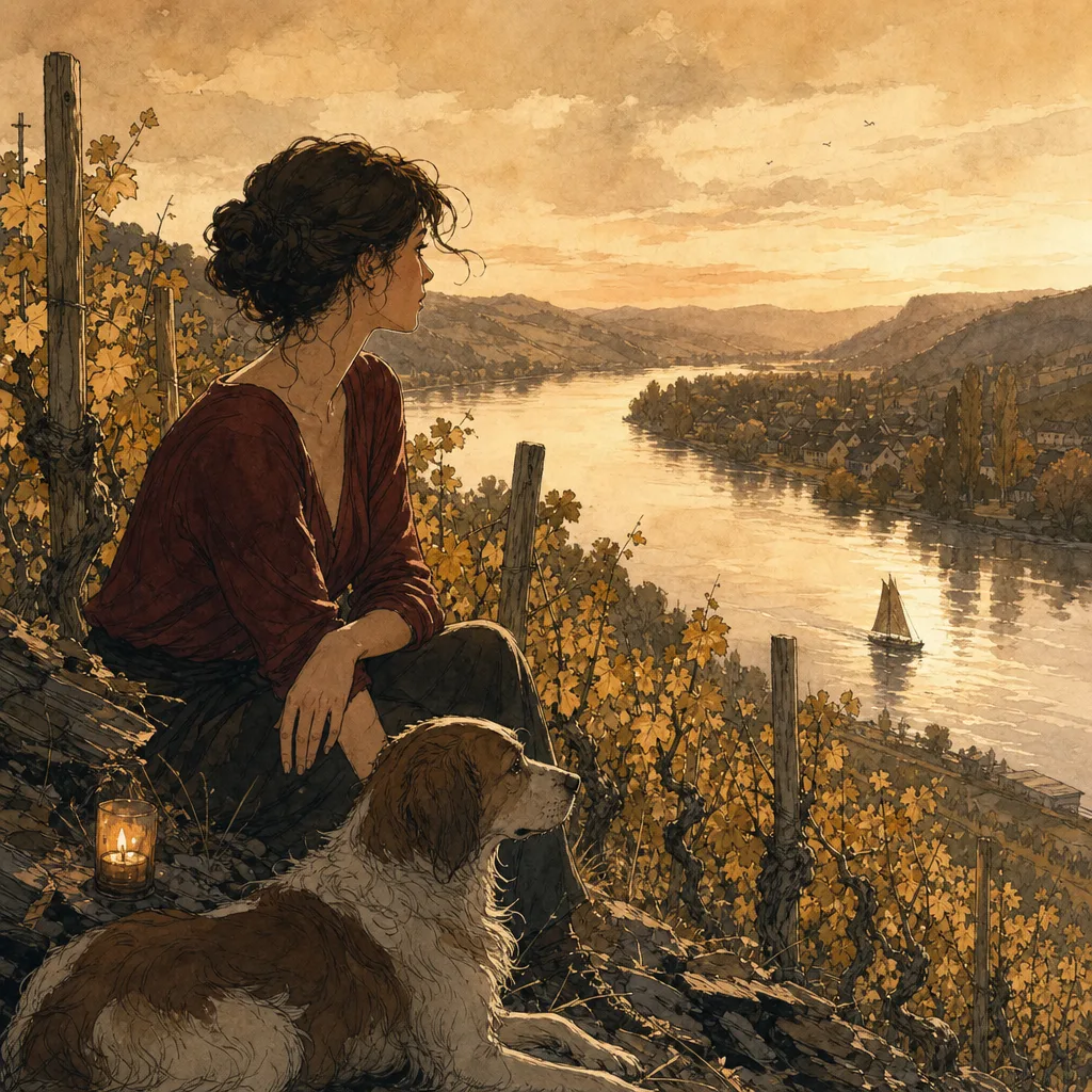 vieux pieds de vigne blanche sur coteau de schiste au bord d'un fleuve, lumière d'automne