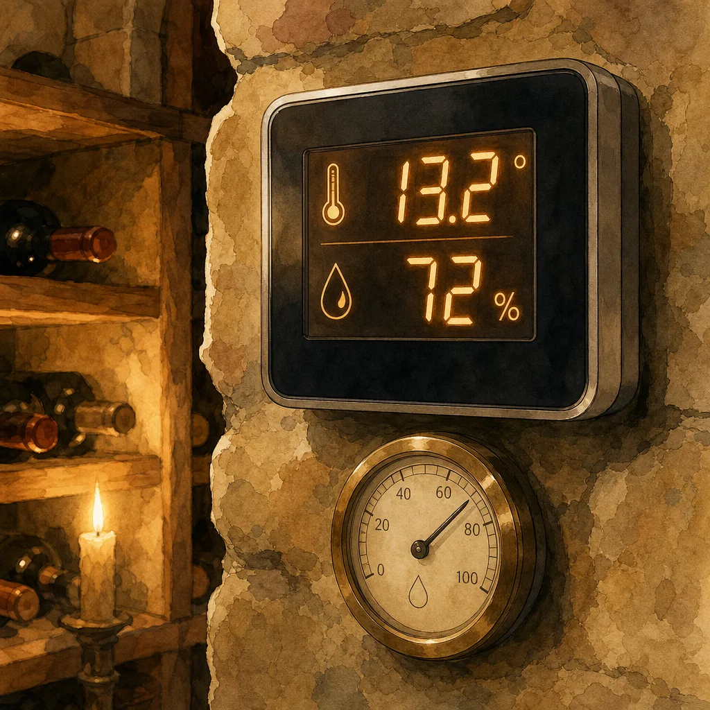 gros plan sur le thermostat numérique et l'hygromètre d'une cave à vin, affichage lumineux