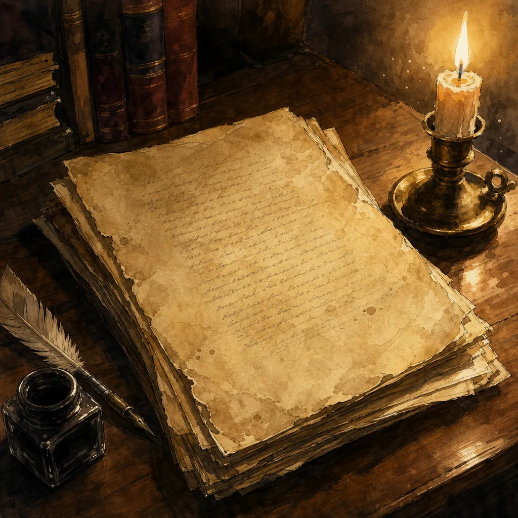 vieux document manuscrit du XIXe siècle posé sur une table en bois, plume et encrier à côté