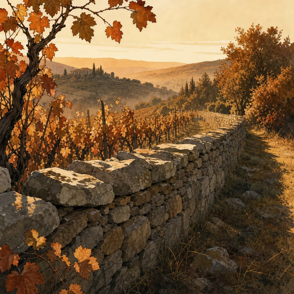 muret de pierre sèche traversant un coteau de vignes en automne, lumière rasante du matin