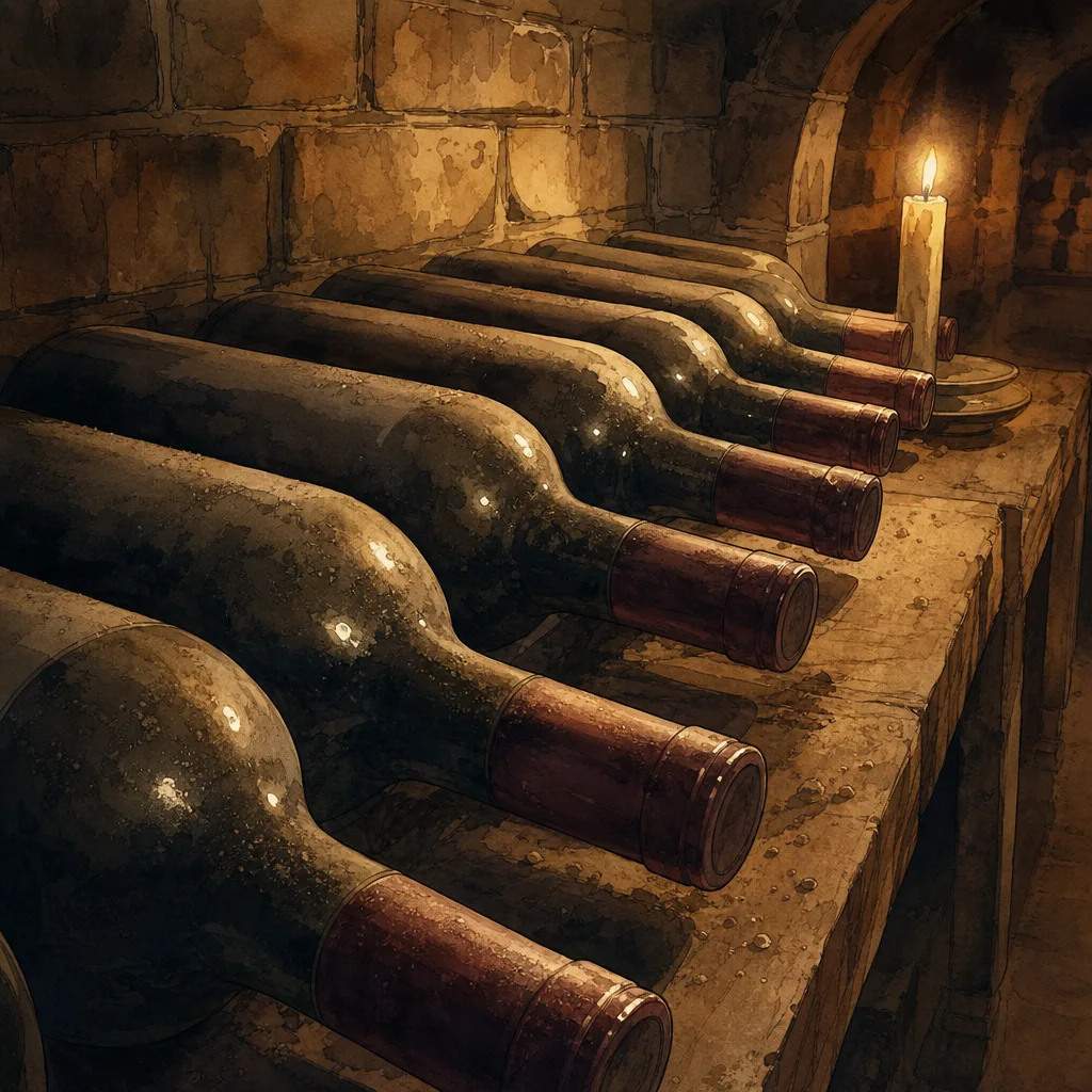 rangée de bouteilles de vin couchées dans une cave sombre, poussière fine sur le verre, lumière douce