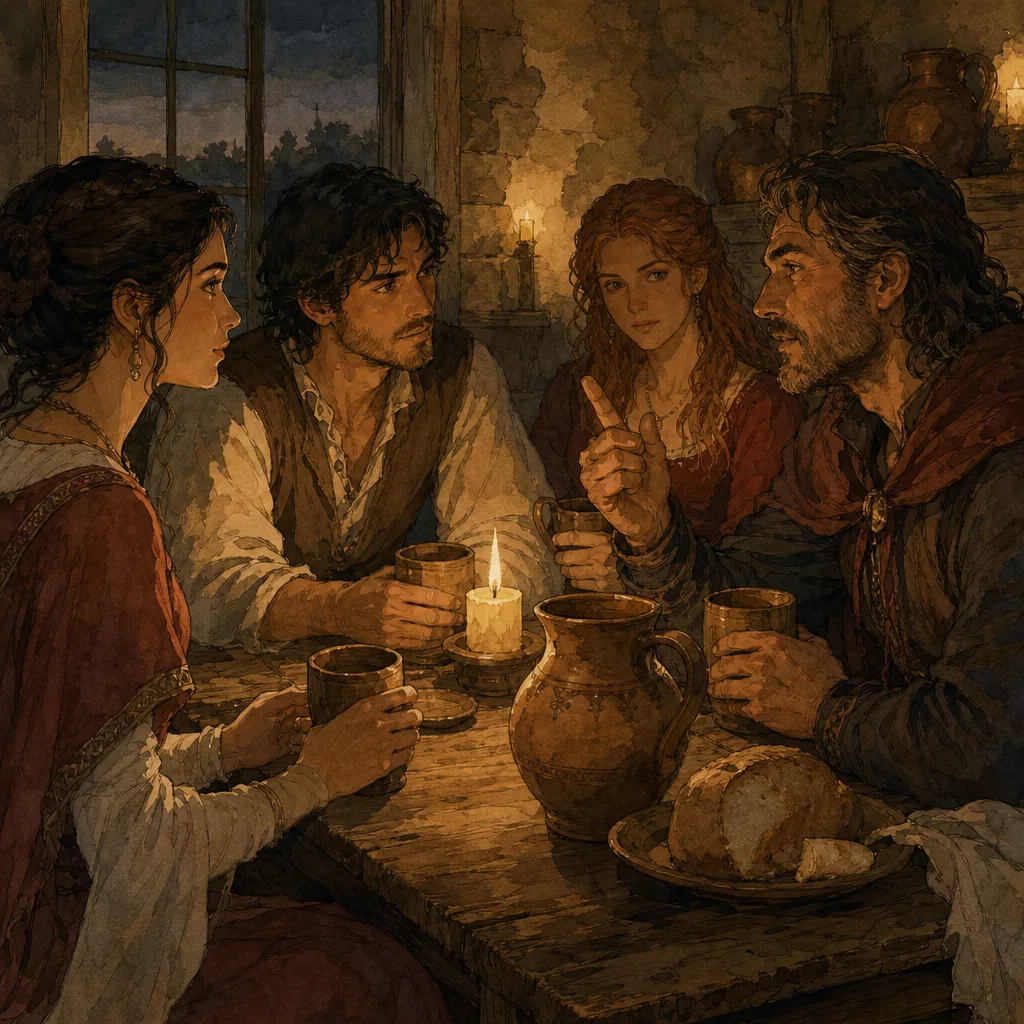 table médiévale rustique avec pichets en terre cuite, gobelets en bois et pain, lumière de bougie