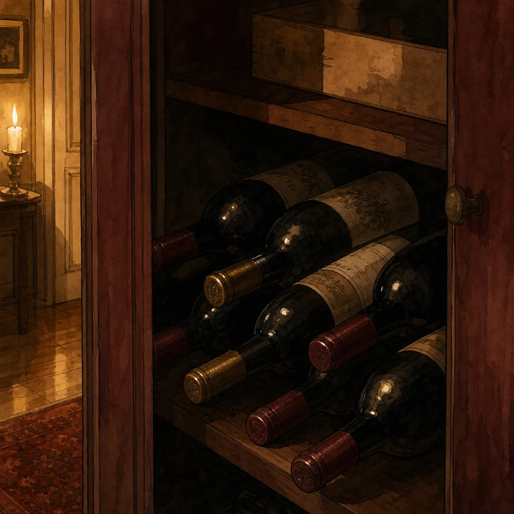 bouteilles de vin couchées dans un placard sombre en appartement, lumière tamisée