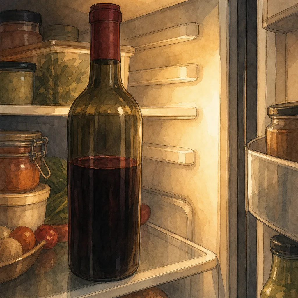 gros plan d'une bouteille de vin rouge à moitié pleine, rebouchée, posée sur l'étagère d'un réfrigérateur