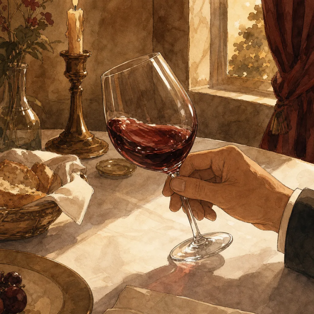une main fait tourner un verre de vin rouge au-dessus d'une nappe blanche, lumière naturelle d'après-midi