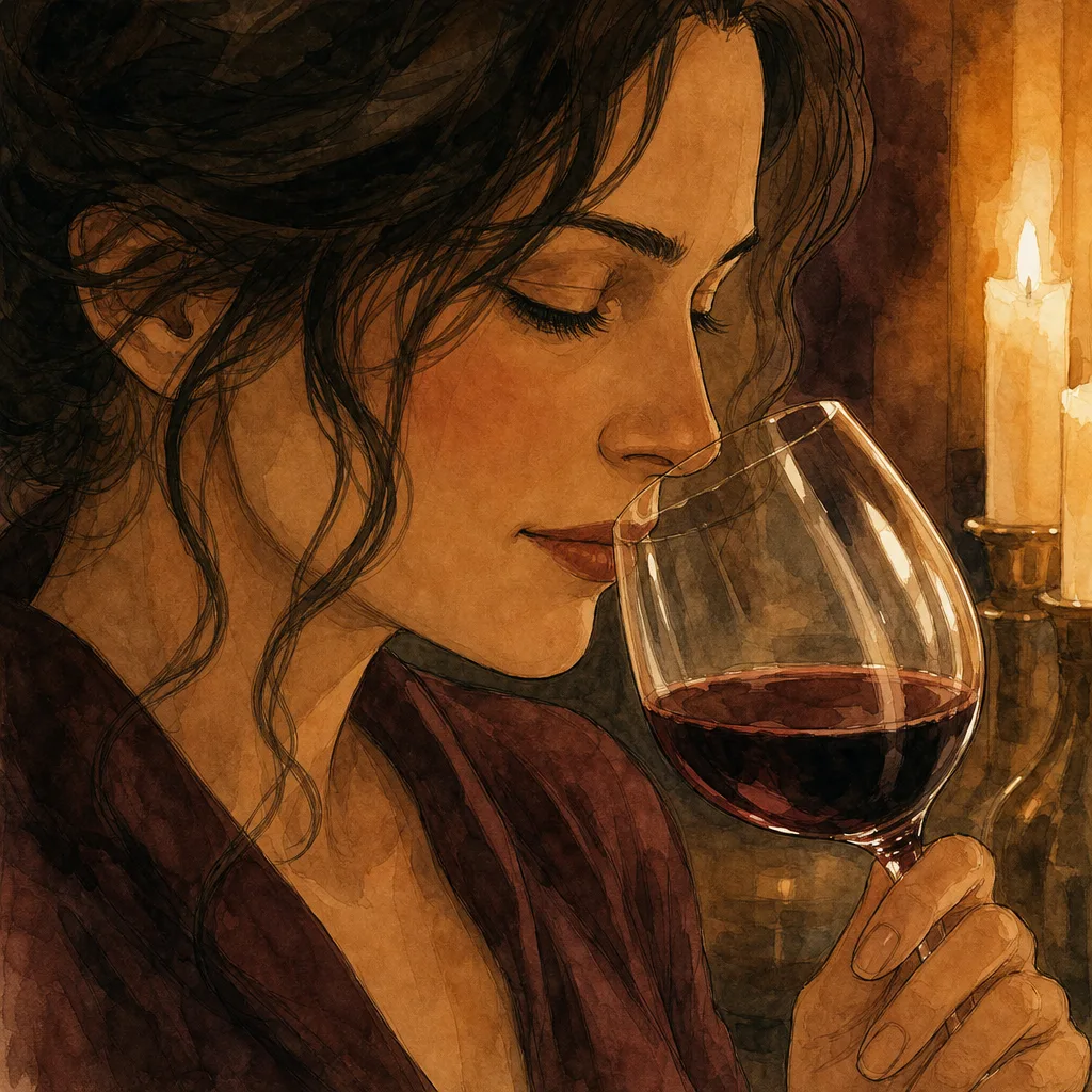 gros plan d'une personne qui hume un verre de vin rouge, yeux mi-clos, lumière douce