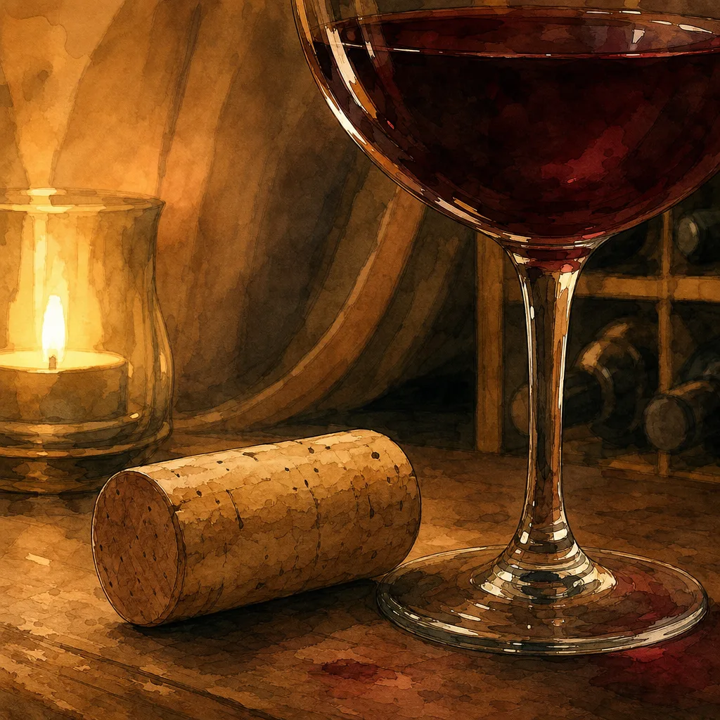 gros plan sur un bouchon de liège naturel posé à côté d'un verre de vin rouge, lumière douce de cave