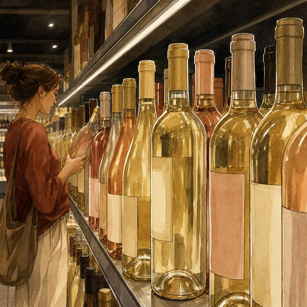 rangée de bouteilles de vin blanc et rosé en verre transparent alignées sous des néons de supermarché