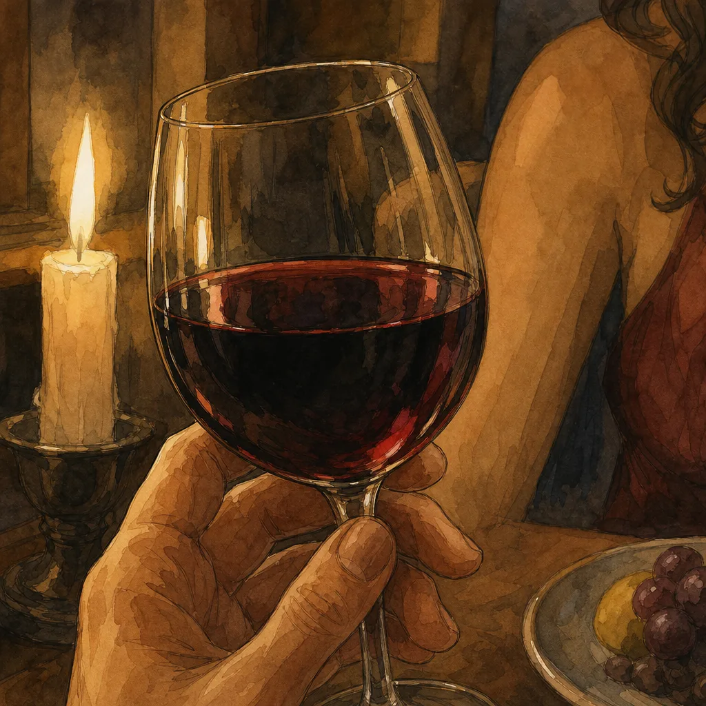 gros plan sur un verre de vin rouge tenu en lumière rasante, reflets sombres dans le liquide