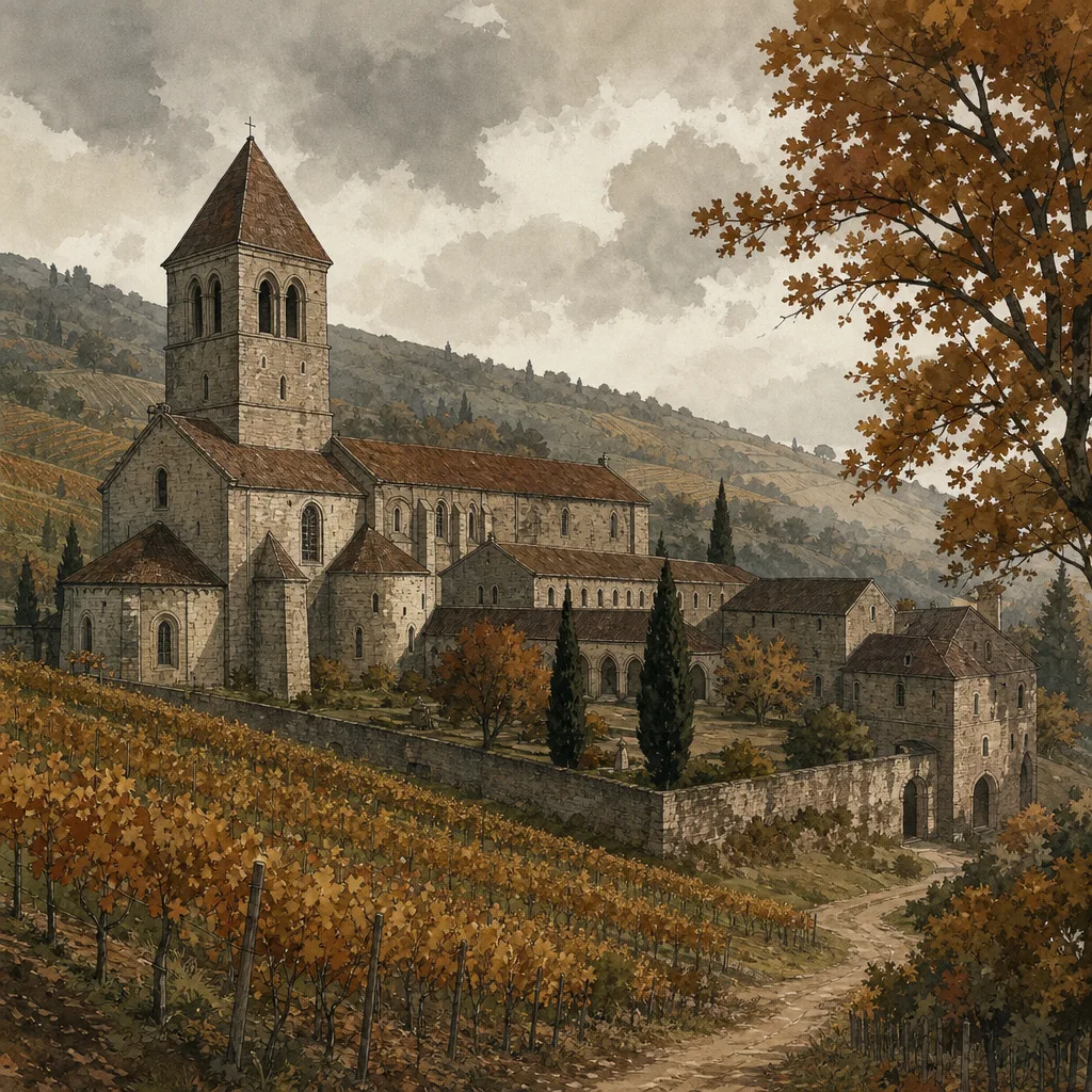 ancienne abbaye de pierre entourée de vignes en coteau sous un ciel gris, matin d'automne