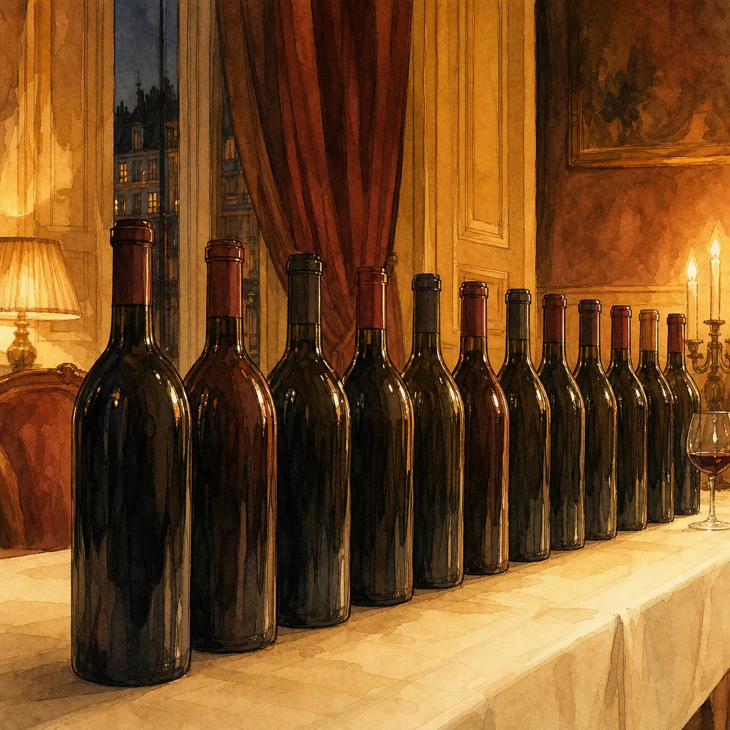 une rangée de bouteilles de vin sans étiquette alignées sur une table nappée de blanc, lumière feutrée d'un salon d'hôtel parisien