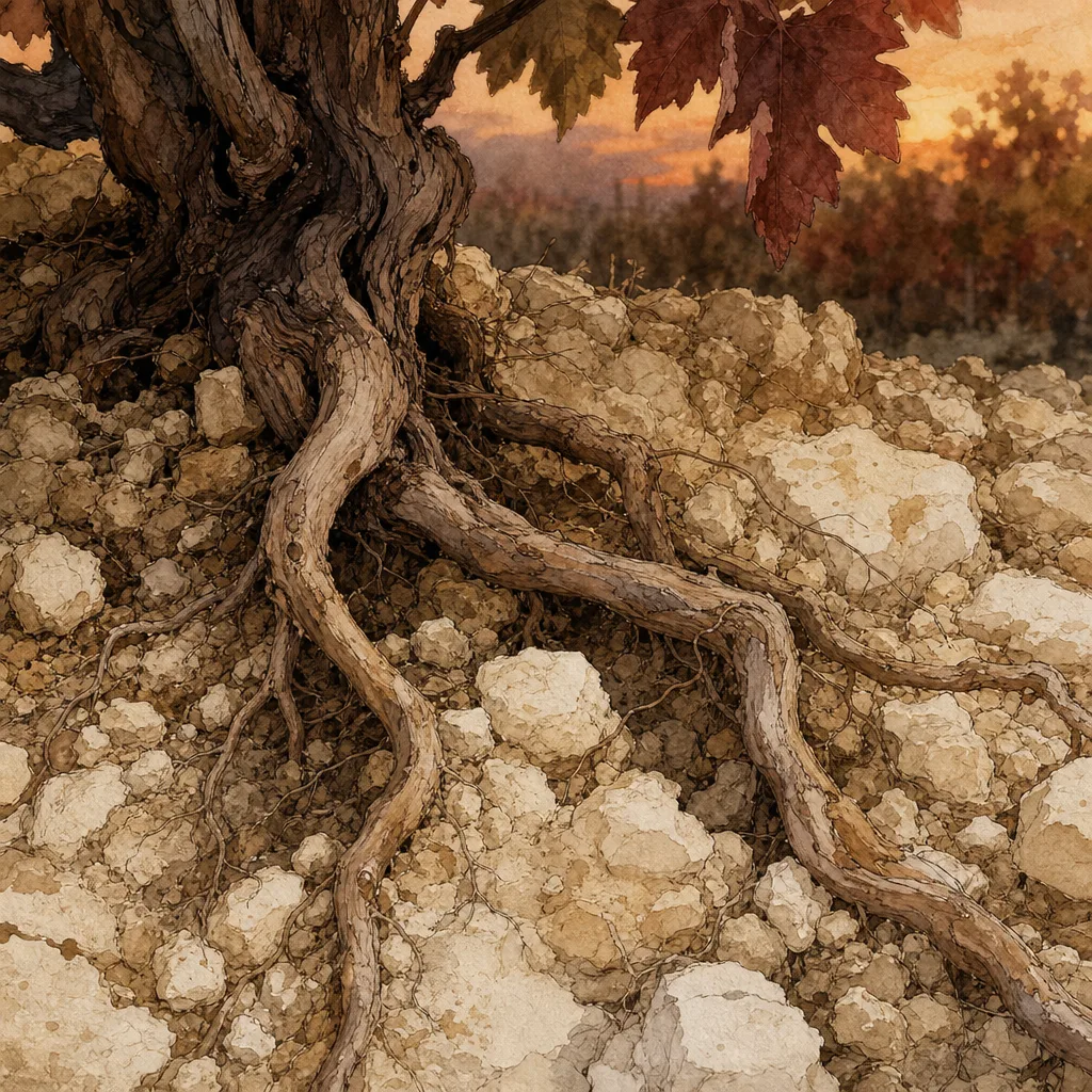 gros plan sur des racines de vigne dans un sol calcaire crayeux, lumière naturelle