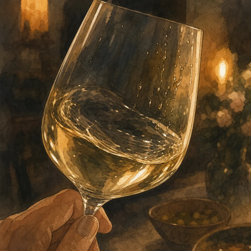 gros plan d'un verre de vin blanc que l'on fait tourner, lumière naturelle, gouttes glissant sur la paroi du verre