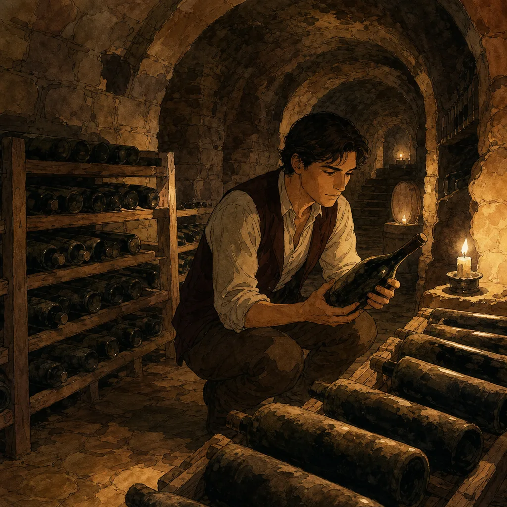cave voûtée ancienne avec bouteilles couchées sur des claies de bois, lumière de bougie