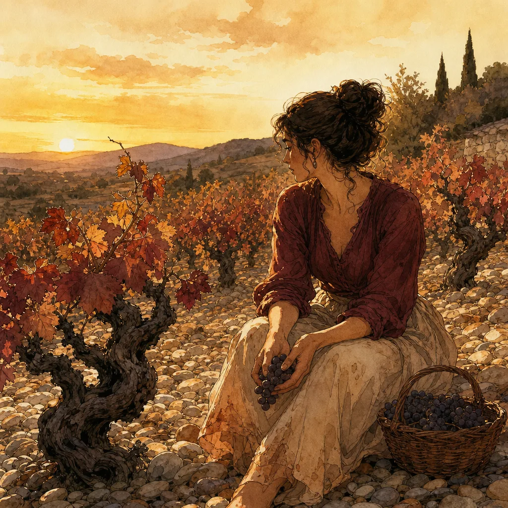 vieilles vignes de grenache en gobelet sur un sol de galets, lumière chaude de fin d'après-midi