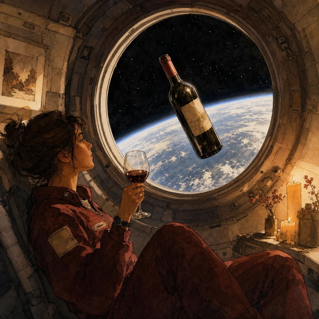 une bouteille de vin rouge de Bordeaux flottant en apesanteur devant un hublot de station spatiale, la Terre visible au loin