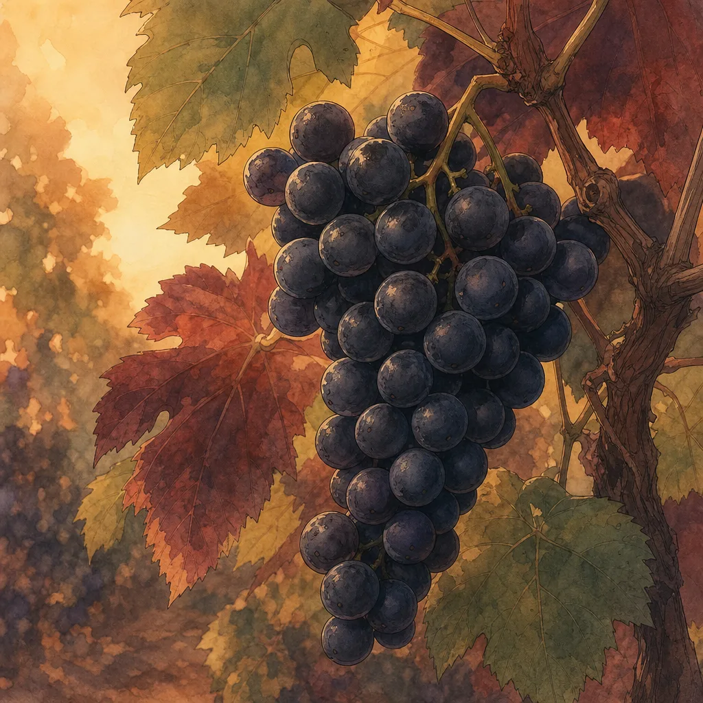 gros plan sur une grappe de merlot bien mûre, baies bleu-noir serrées, feuilles de vigne en arrière-plan flou, lumière de fin d'été
