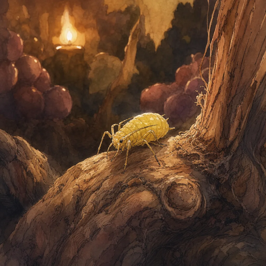 gros plan macro d'un petit puceron jaune sur une racine de vigne noueuse, lumière naturelle