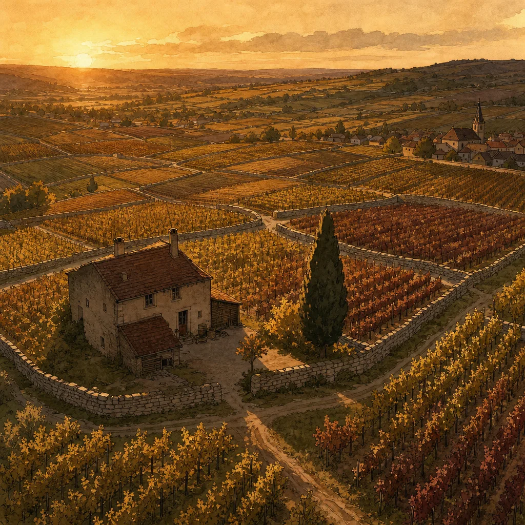 vue aérienne d'un vignoble bourguignon découpé en petites parcelles séparées par des murets de pierre, lumière rasante de fin d'après-midi