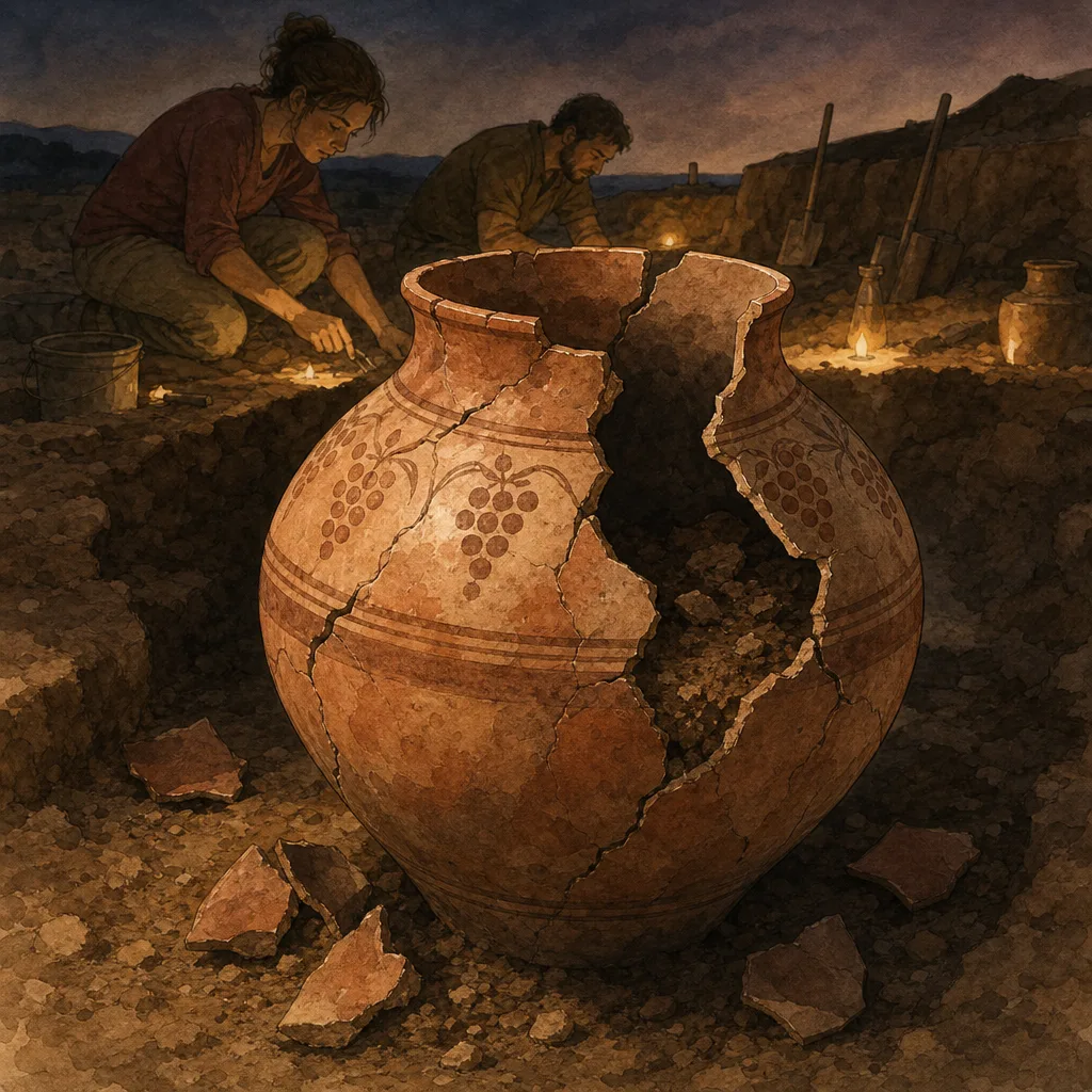grande jarre de terre cuite néolithique brisée, décorée de motifs de grappes, posée dans un sol de fouille archéologique