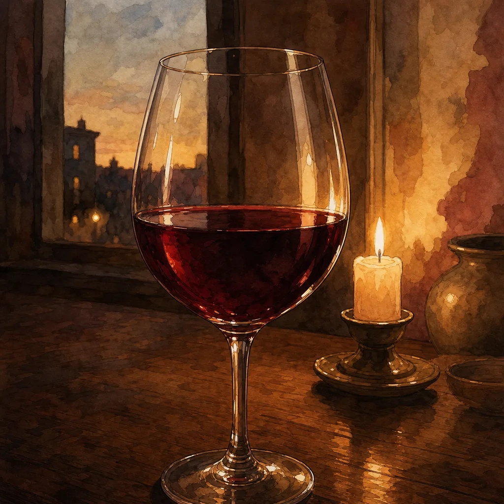 gros plan sur un verre de vin rouge profond posé sur une table en bois sombre, lumière chaude de bougie