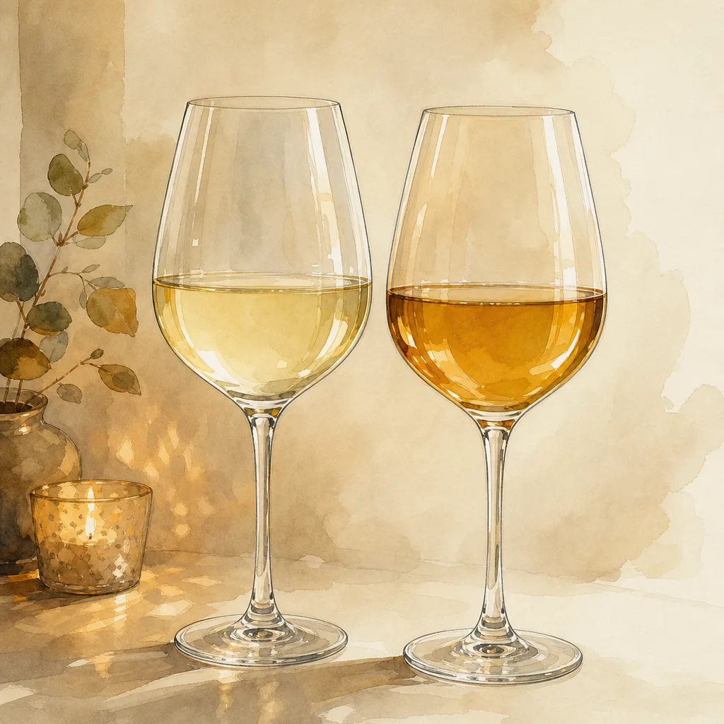 deux verres de vin blanc côte à côte, l'un jaune pâle brillant, l'autre nettement plus doré et cuivré, sur fond clair et neutre