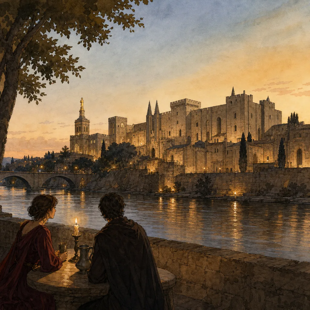 vue du palais des papes d'Avignon dominant le Rhône sous un ciel clair