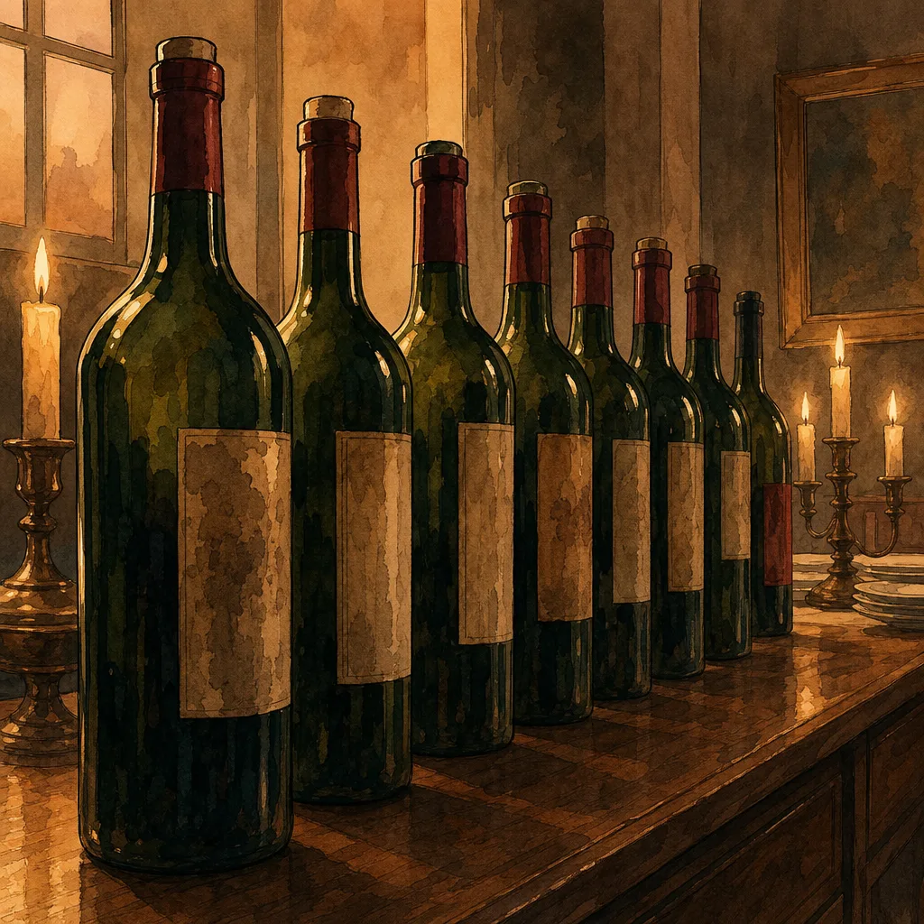 rangée de bouteilles de vin en verre vert posées sur une table en bois, lumière douce