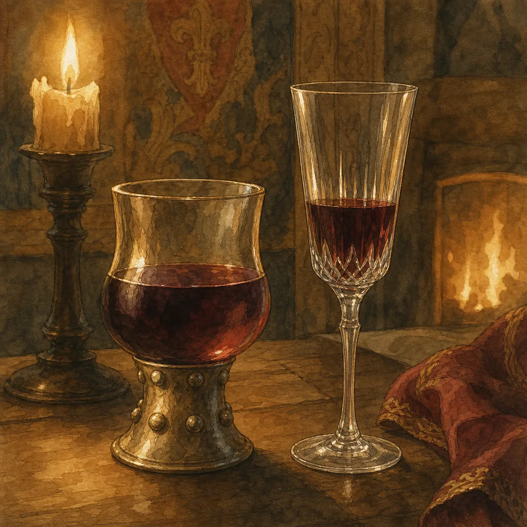 deux verres à vin posés côte à côte, l'un trapu et épais d'inspiration médiévale, l'autre fin et élancé en cristal transparent, lumière douce