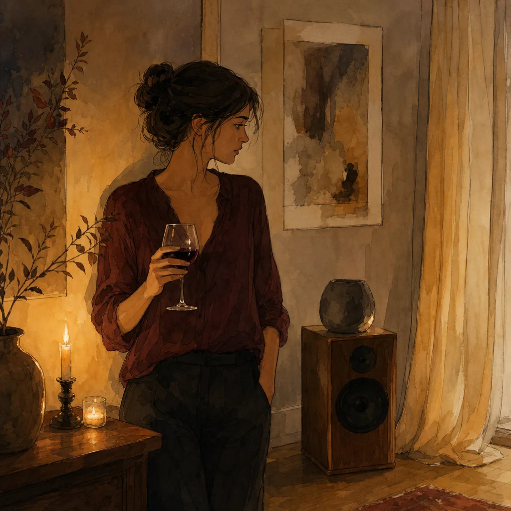 une personne seule dans une pièce neutre, un verre de vin rouge à la main, enceinte posée dans un coin, lumière douce